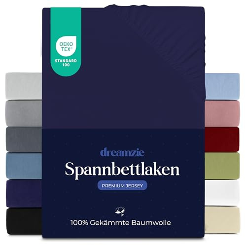 Dreamzie Premium Spannbettlaken 140x200 cm, Spannbetttuch für Dicke Matratzen bis zu 22 cm, Bettlaken 100% Jersey Baumwolle, 150 g/m², Oeko-TEX Zertifiziert - Dunkelblau