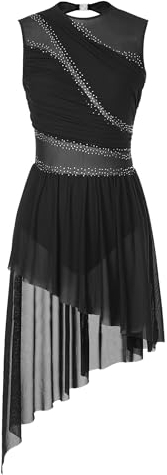 Miutii Damen Eiskunstlauf Kleid Ärmellos Glitzer Ballettkleid mit Asymmetrisch Rock Lyrisch Tanzkleid Modern Contemporary Tanzkleidung Schwarz S