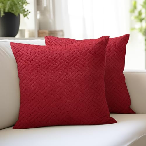 Encasa XO Fundas de Cojines Acolchadas, sin Relleno 40x40 cm | Rojo, Terciopelo Suave | Cremallera Oculta | Borlas en Esquinas | Salón, Sofá & Dormitorio | Lavable a Máquina
