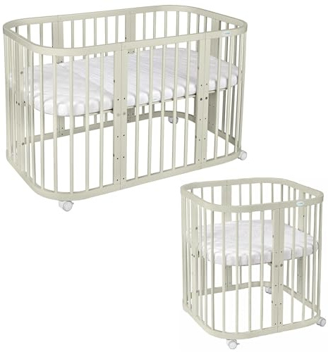waldin Babybett 7in1, Matratze, Rollen, Regal, Olive | Ohne Stoffset, Mitwachsend, Beistellbett aus Holz, Wiege optional