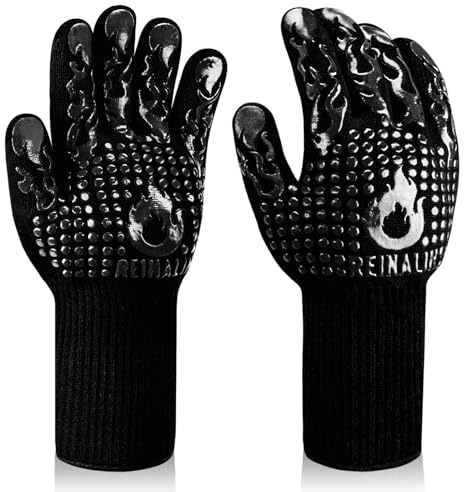 Reinalin Gants de Barbecue, Gants de Four Résistant à la Chaleur jusqu'à 500°C Gants de Gril de Cuisson en Silicone Antidérapants (S/M, Noir-F1) | Gants de barbecue, surface en silicone avec poignée antidérapante, pour barbecue, cuisson et four