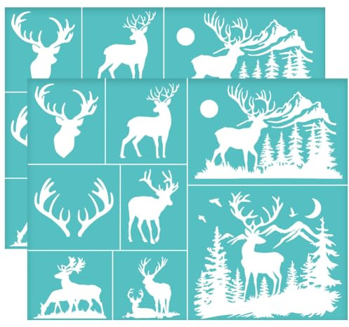 OLYCRAFT 2 Stück 28x22cm Hirschmuster Selbstklebende Siebdruckschablone Wald Netzschablonen Tiermotiv Wiederverwendbare Netzschablonen Zum Übertragen Für DIY T Shirt Stoffmalerei