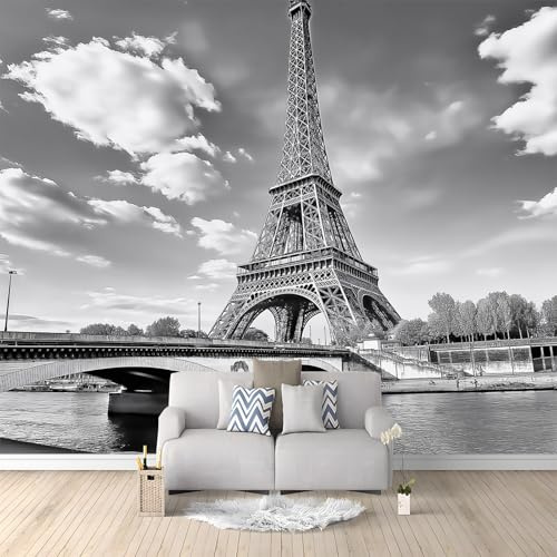 Papier Peint Panoramique 3D Photographie Tour Eiffel Paris 350 x 256 cm Intissé Murale pour Salon Chambre d'enfants restaurant Décoration Murale, Noir Et Blanc Chambre Poster Mural Fresques Murales