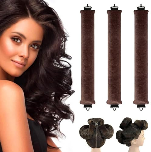 3 Stück Hitzefreie Lockenwickler,Neu Lockenwickler über Nacht, Overnight Blowout Locken Ohne Hitze,Heatless Curls Band,mit Haken,Lockenwickler Heatless Curls für Alle Haartypen (Braun)