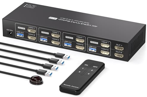 PVBCTCSID HDMI KVM Switch 4 PC 2 Monitor 4K60Hz Emulation Edid Commutateurs KVM 4 In 2 Out HDMI USB 3.0 Switch Pour 4 Ordinateurs 2 Moniteurs Et 4 Périphériques USB 3.0 Avec Télécommande IR