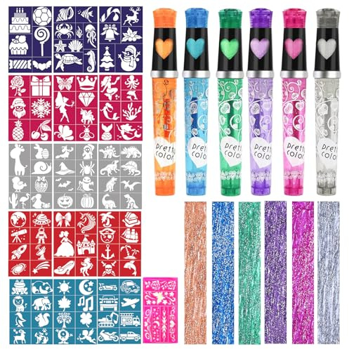 HOWAF 6 Colours Tattoo Pens for Skin, Glitter Tattoos for kids Temporary Tattoo Pens Kids Face Paint Body Markers and 110 Tattoo Stencils for Boys Teenage Girls Gifts Birthday Christmas Party