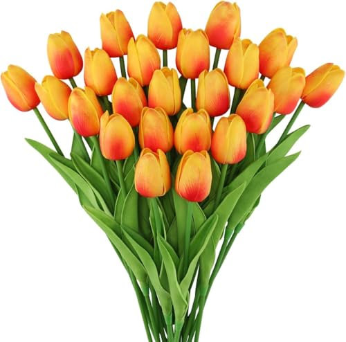 Fake Tulips 20 PCS, Tulips Artificial Flowers for Decoration, Graves, Wedding Bouquet, Outdoor, Living Room and Table Decorations, Faux Tulip That Look Real, Yellow Artificial Flowers (Sunset Red)