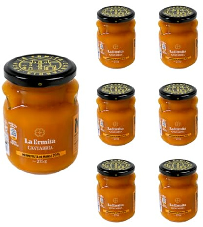 LA ERMITA Mermefruta de Mango, Dulce Intenso de Mango Natural, Sin Conservantes ni Colorantes, Ideal para Postres, Yogur y Tostadas, Tarro de vidrio, 275 g (Pack de 6 unidades)