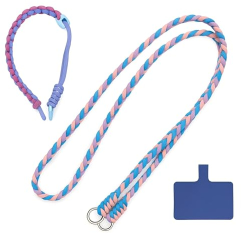 Miunpri - Cadena para teléfono móvil y correa de teléfono, 2 cuerdas de teléfono trenzadas con cordón colorido con parche de sujeción portátil de nailon, joyas para smartphone, morado, 120 cm