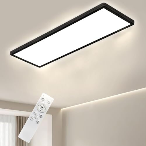 Bowfar Rektangulär LED-taklampa med fjärrkontroll, dimbar 3 000–6 500 K, ultraplatt LED-skylt 24 W med bakgrundsbelysning för vardagsrum, sovrum, kontor, badrum, 58 x 20 x 2,5 cm, svart