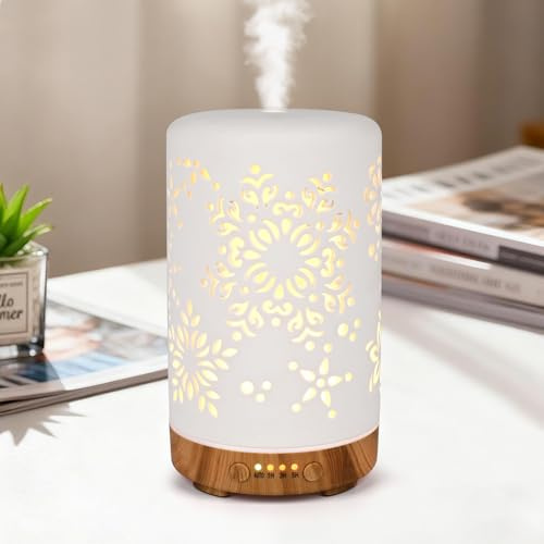 Aroma Diffuser, GuKKK 250ML Weiß Keramik Diffusor für Ätherische Öle, Aromatherapie Düfte Luftbefeuchter mit Einstellbarem Nebelmodus, 7 Farben LED, Timer-Einstellung, für Schlafzimmer, Yoga, Büro