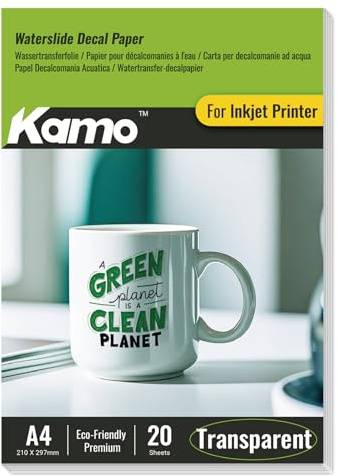 Kamo Pellicola scorrevole ad acqua, trasparente, A4, per stampanti a getto d'inchiostro, 20 fogli, per ceramica, vetro, tazze, candele, plastica e modellismo, progetti fai da te