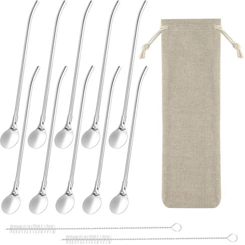 10 cannucce cucchiai cannucce, cucchiai in acciaio inox, cannuccia riutilizzabile con 2 spazzole per la pulizia, adatti per bere, frullati, caffè (con 1 sacchetto di stoffa)