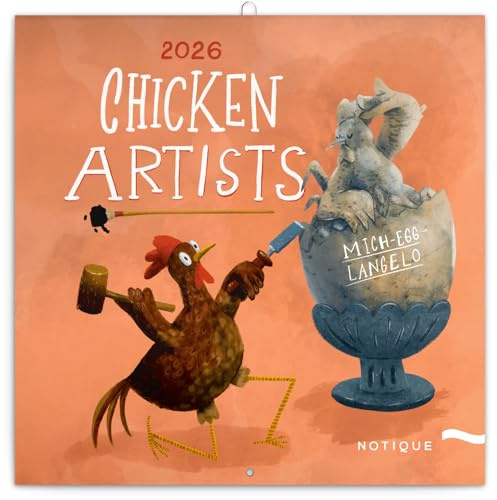 NOTIQUE Calendrier mural 2026 Chicken Artists - avec calendrier mensuel - 30 x 30 cm (30 x 60 cm ouvert)