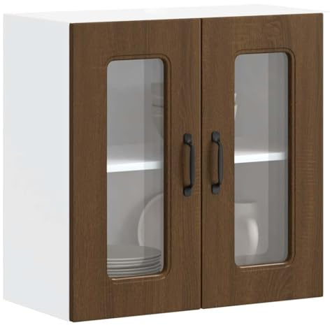 QJBSAVVA Wandschrank Küche Hängeschrank mit Glastüren 60 x 31 x 60 cm Braun Eichen-Optik aus Holzwerkstoff & Glas Moderner Vorratsschrank für Geschirr & Küchengeräte