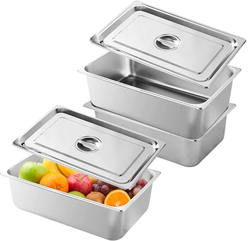 Juego de 3 cuencos para empanar, recipientes de acero inoxidable con tapa, recipiente Gn 1/3, recipiente para ingredientes de acero inoxidable, con tapa, juego de bandeja para cocina, estación de