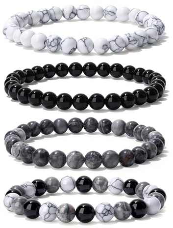 Sahoottie 4 Stück Edelstein Armband Damen 6/8mm Perlenarmband Damen Edelsteine Heilsteine Armband Elastisch Anti Stress Perlen Armbander Naturstein Schmuck Mama Geschenk (Grau Schwarz Weiß)