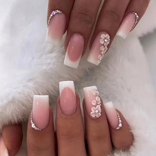 24 Pcs False Nails Square - Glitter Nude Pink Press on Nails with Flowers Design - Full Cover Fake Nails for Women and Girls - Nail Art (Nude Pink,Glitter)