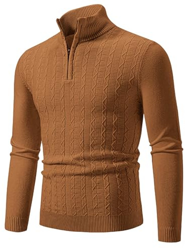 Generisch Maglione da uomo con collo alto, a mezza zip, a maniche lunghe, slim fit, maglia fine, basic con motivo a treccia, maglione invernale