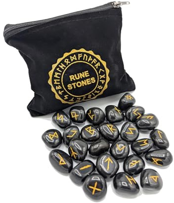 PURAJA Runensteine Set: Schwarzer Achat | Mit Elder Futhark Alphabet | 25 Achat Edelsteine im Samtbeutel | Magisches Runen Set