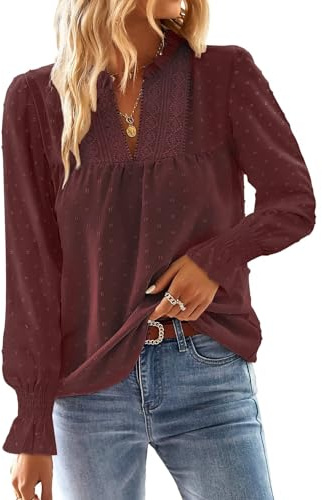 TUUHAW Damskjorta Långärmad Höst Toppar Spets Elegant Blusar Med V-Hals Boho Avslappnad T-shirt Volanger Ärmar Tröjor, Granatröd, XXL
