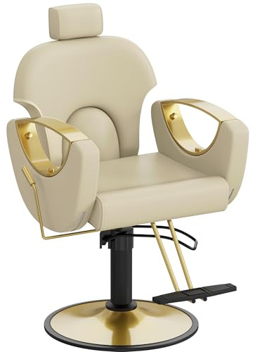 Anunweldo Friseurstuhl, Hydraulisch kippbarer Friseurstuhl, 360-Grad-Drehung, Frisörstuhl für Schönheitssalon Friseursalon (Beige)