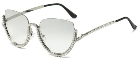 FORLUZ Fashionabla dam halvmärkta solglasögon diamant inbäddade fest snygga glasögon UV400, silvrig, Einheitsgröße