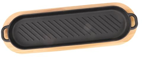 DECORNIJIA Plaque à Steak En Fonte Double, Poêle à Griller En Fer Avec Base En Bois, Poêle De Cuisson Antiadhésive Pour Maison Et Restaurant, Plat De Service Chaud Pour Barbecue