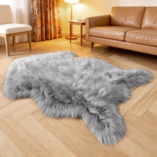 Fluffy Faux Sheepskin Rug - Faux Fur Rugs - 60x90cm Faux Sheepskin Throw Small Rugs, Washable Non Slip Soft Shaggy Area Rugs, Grey Fluffy Fur Rug for Bedroom Living Room Sofa Floor Decor (Grey)