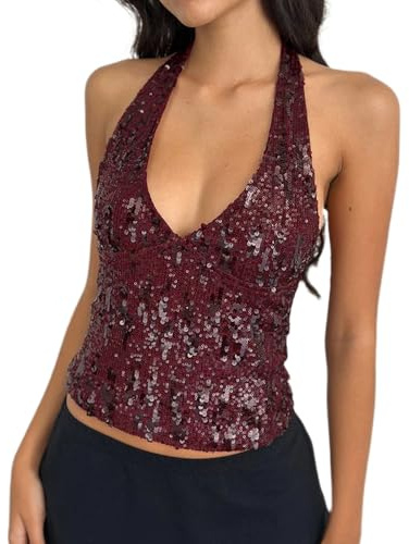 Halter Sequin Tank Tops for Women Summer Deep V Neck Backless Sleeveless Glitter Crop Vest Party Concert Outfits (Wine Red, S)