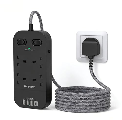 Black 4 Way Outlet Extension Lead with 4 USB Slots(2 USB C), 1.8M Cable | Power Strip with Dual Independent Switches, 1800J Surge Protected Extension Cord for Home Office Travel, 3250W/13A