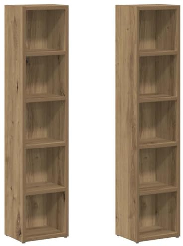 Mhdvray Set di scaffali per CD in rovere Artisan, 2 pezzi, 21 x 16 x 93,5 cm, 5 scomparti per circa 80 CD, DVD, libri, design moderno, per soggiorno, ufficio, camera da letto
