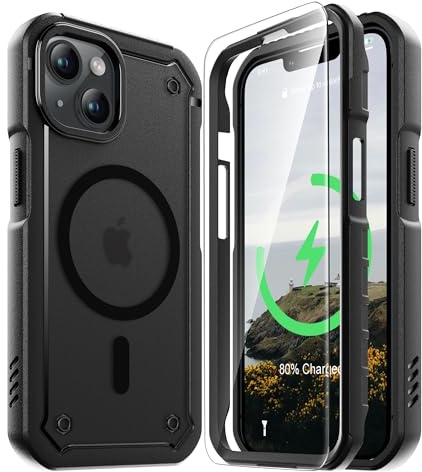 ORETECH Magnetica Cover per iPhone 15, Compatibile con Mag-Safe con [2X Vetro Temperato] Custodia Traslucida Opaca Posteriore Antiurto Resistente ai Graffi TPU Bumper-Nero