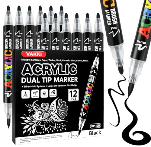VAKKI Black Acrylic Paint Marker Pen for Fabric,Rocks,Wood,12 PCS | dual-tip with fine brush tips,Water-based acrylic ink dry fast,non-toxic,waterproof and strong coverage,Work on multi-surface