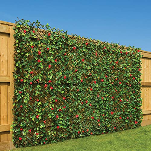 CHRISTOW Expanding Artificial Trellis Fake Leaf Red Flower Hedge Garden Privacy Screening (1m x 2m)