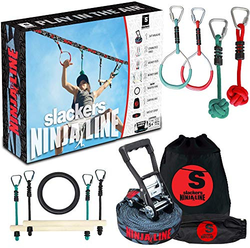 Slackers Ninja Line Starter Set – Outdoor Hangelparcours & Slackline für Kinder ab 5 Jahren – Komplettset mit 11 m Slackline, 7 Hindernissen, Ratsche & Tragetasche – Ninja-Spielspaß im Garten