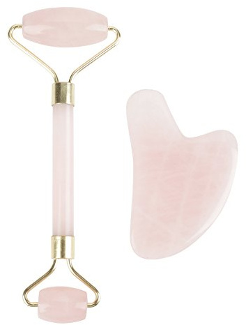 Natürliche Rose Quarz Jade Stein Roller Doppelkopf & Verschrottung Platte Gesichtsmassage Werkzeug Anti-Aging Kit Gua Sha Set