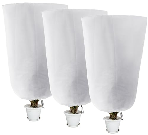 Alpurple 3 Packs Winter Drawstring Plant Covers - 47 X 31.5 Warm Plant Protection Cover Bags, Frost Cloth Blanket Protecting Fruit Tree Potted Plants from Freezing Animals Eating