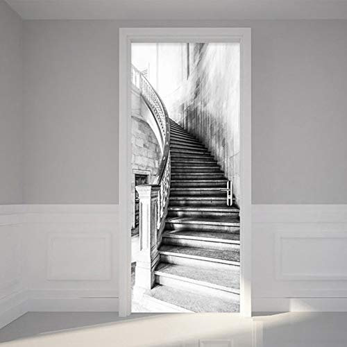 3D Türtapete Selbstklebend Türposter Schwarz-Weiße Treppe Vinyl Entfernbar Zimmertür Aufkleber Tapete Wandbilder Wohnzimmer Schlafzimmer Haus Dekoration 88X200Cm