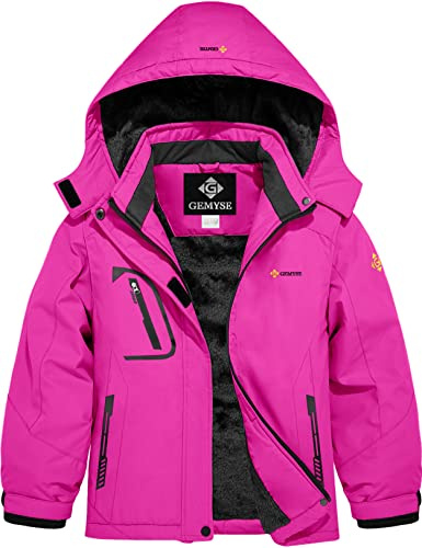 GEMYSE Bambine Giacca da Sci Impermeabile Pile Antivento Giacche Ragazze invernale Cappotto con Cappuccio (Rosso Rosa,152-158)