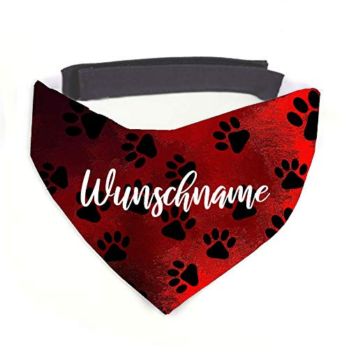 Tierisch-tolle Geschenke Hundehalstuch mit Namen Vintage Pfötchen rot personalisiert inklusive Wunschname mit 12 cm Klettverschluss für kleine, mittlere und große Hunde (S = Halsumfang: 32-38 cm)