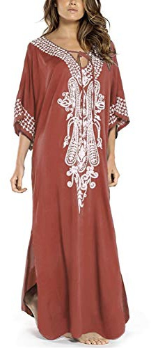 YOUKD été Coton brodé Floral lâche Caftan Boho Plage Bikini Couverture Robe Grande Taille Robe pour Les Femmes