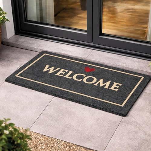 Eingangsmatte Kokos Türmatte Innen - Welcome schwarz 40x60 cm (Rechteckig) | Rutschfeste Motiv Fußmatte 100% Kokosfaser Fussmatte natürliches Material für Innenbereich & überdachten Außenbereich robust