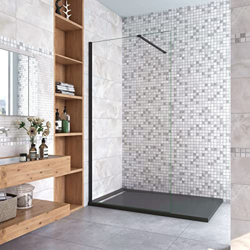Fissa Doccia Walk In 110x200cm vetro 8mm Barra 90cm Tagliabile Profilo | Anticalcare, Trasparente Vetro Temperato, Telaio Nero Opaco