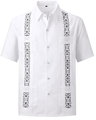 Men's Guayabera Shirts Short Sleeve Casual Snap Shirts(White,2XL)