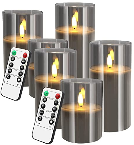 Britesta LED-Kerzen fernbedienbar: 6er-Set LED-Echtwachskerzen in grauen Acrylgläsern, 3 Größen (Winter-Kerzen, Elektrische Wachs, Grau)