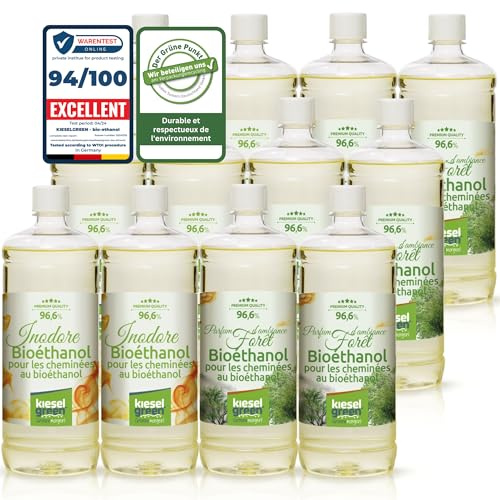 KieselGreen Bioéthanol 12 x 1 Litre Set (6x avec Parfum + 6x Inodore) pour Cheminée à l'éthanol - Bioéthanol comme Parfum - pour Cheminée à l'éthanol Bio intérieur ou feu de Table au Bioéthanol WA