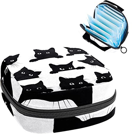 Aufbewahrungstasche für Damenbinden, Menstruationstassen-Tasche, Perioden-Tasche, Organizer für weibliche Pads, Tampons, schwarze Katzen