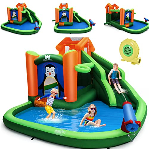 COSTWAY Château Gonflable avec Toboggan Aquatique & Souffleur 680W, Aire de Jeux Gonflable avec Piscine & Canon à Eau, Panier de Basket-Ball, Charge 135kg pour 3 Enfants de 3 à 10 Ans