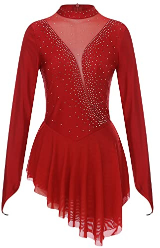 iEFiEL Damen Tanzkleid Patchwork Eiskunstlauf Kleid Langarm Kürkleid mit Strass Rollkunstlauf Wettbewerb Tanzanzug